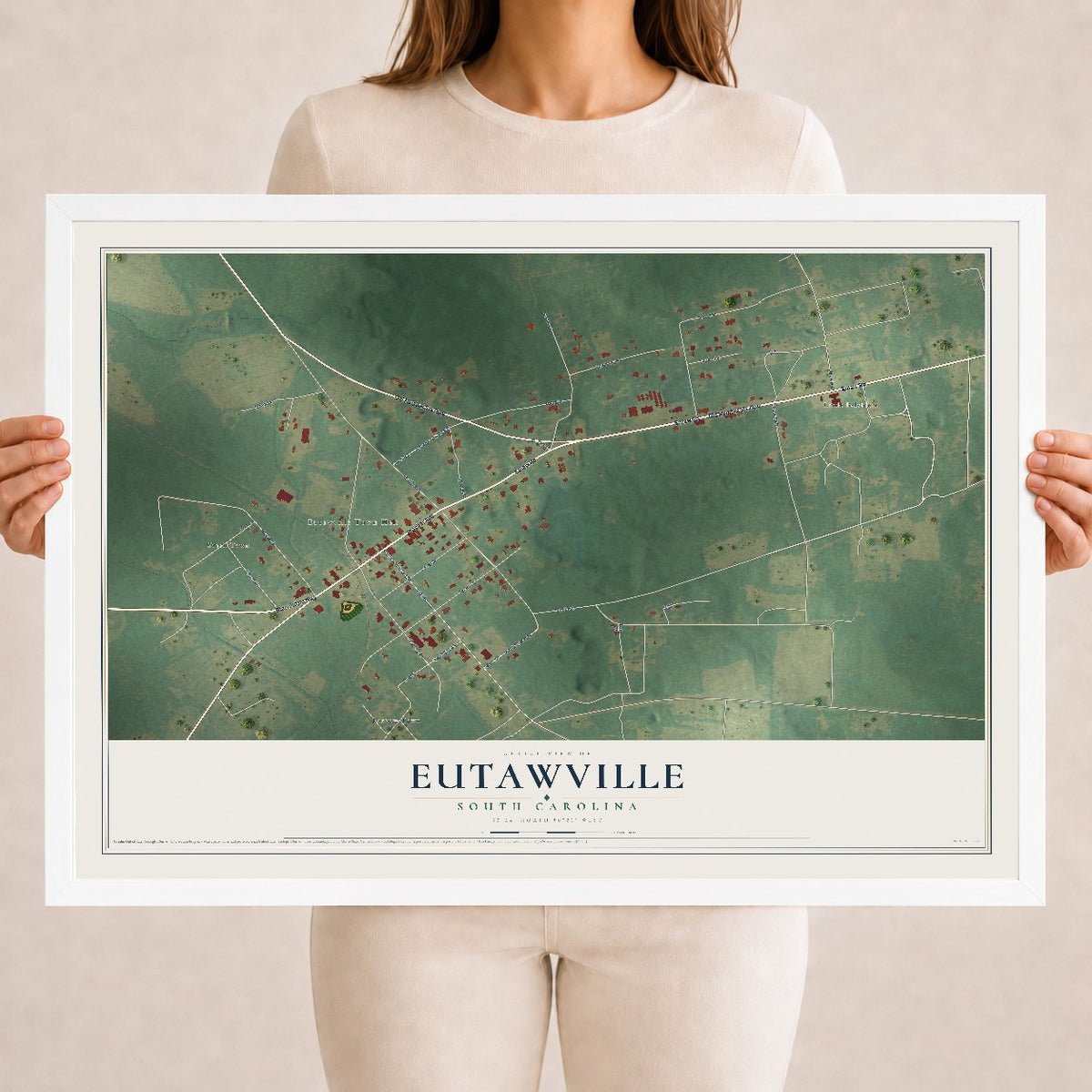 Map of Eutawville, South Carolina, 18 x 24 inch print in a white wood frame