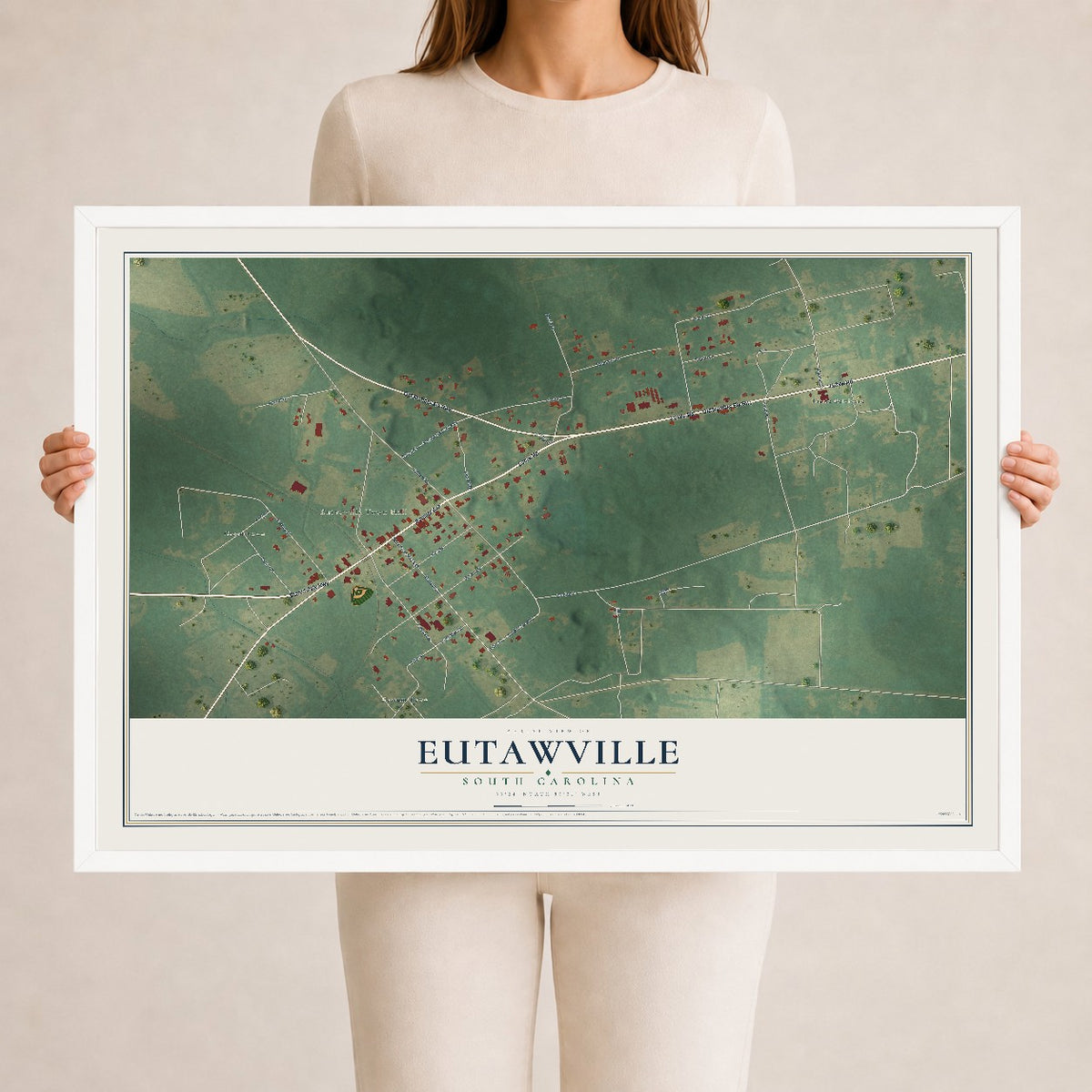 Map of Eutawville, South Carolina, 24 x 36 inch print in a white wood frame