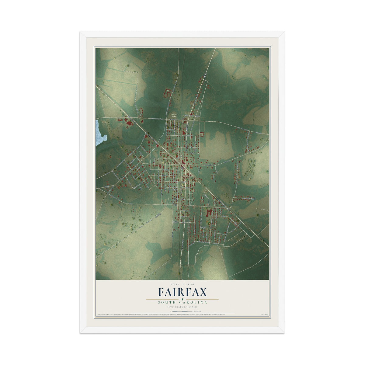 Map of Fairfax, South Carolina, 12 x 18 inch print in a white wood frame