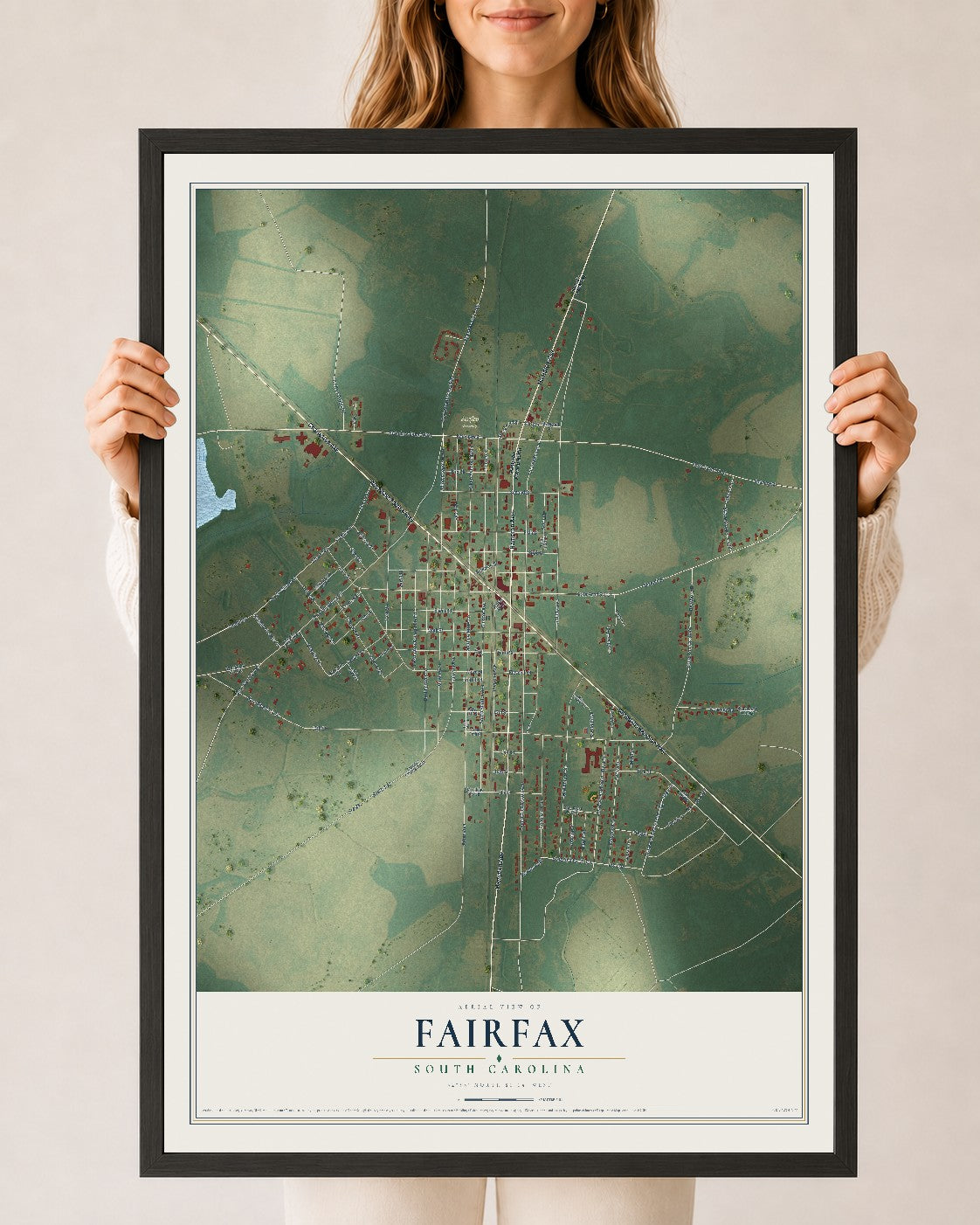 Map of Fairfax, South Carolina, 24 x 36 inch print in a black wood frame