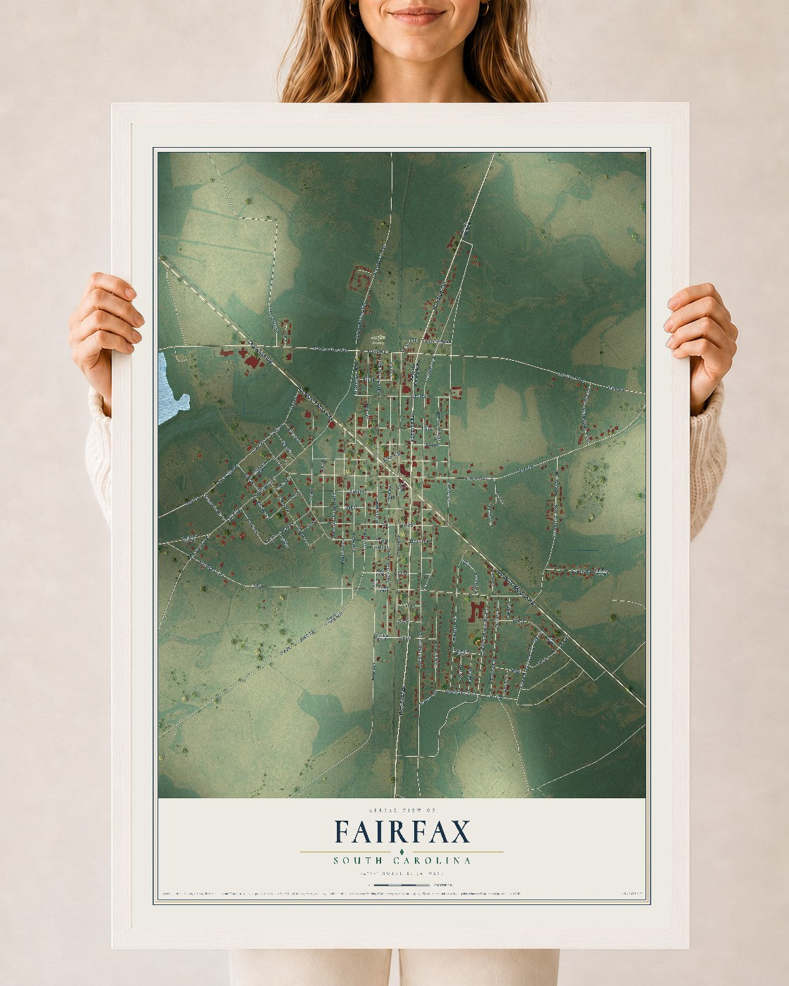 Map of Fairfax, South Carolina, 24 x 36 inch print in a white wood frame