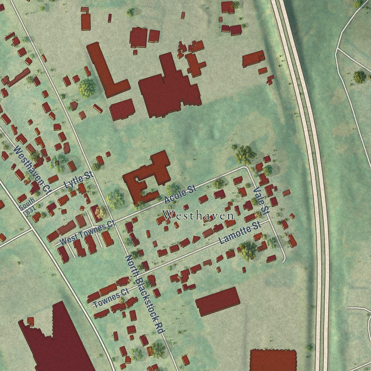 Close-up of the map of Fairforest, South Carolina print showing street and building detail