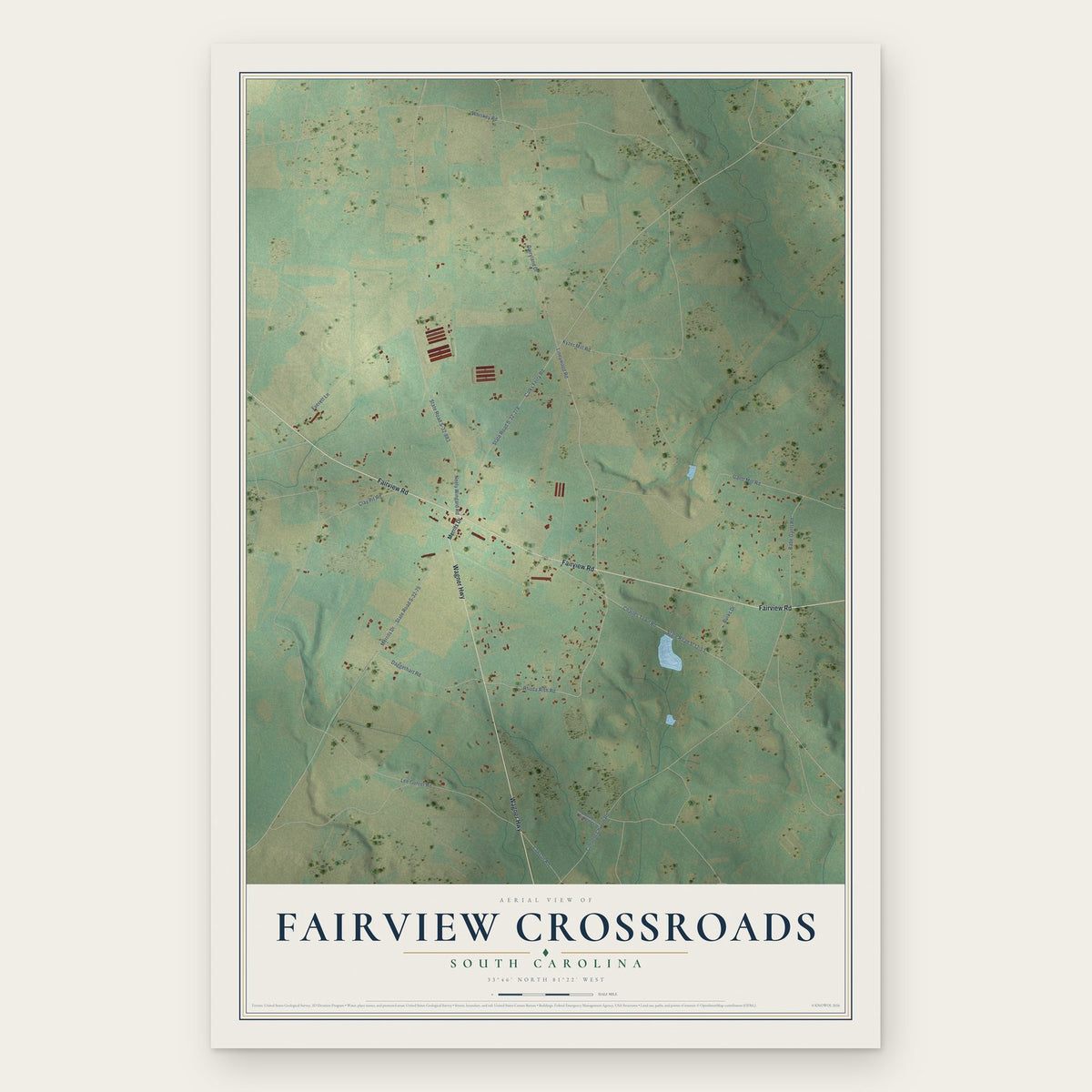 Fairview Crossroads, South Carolina map print, the full design