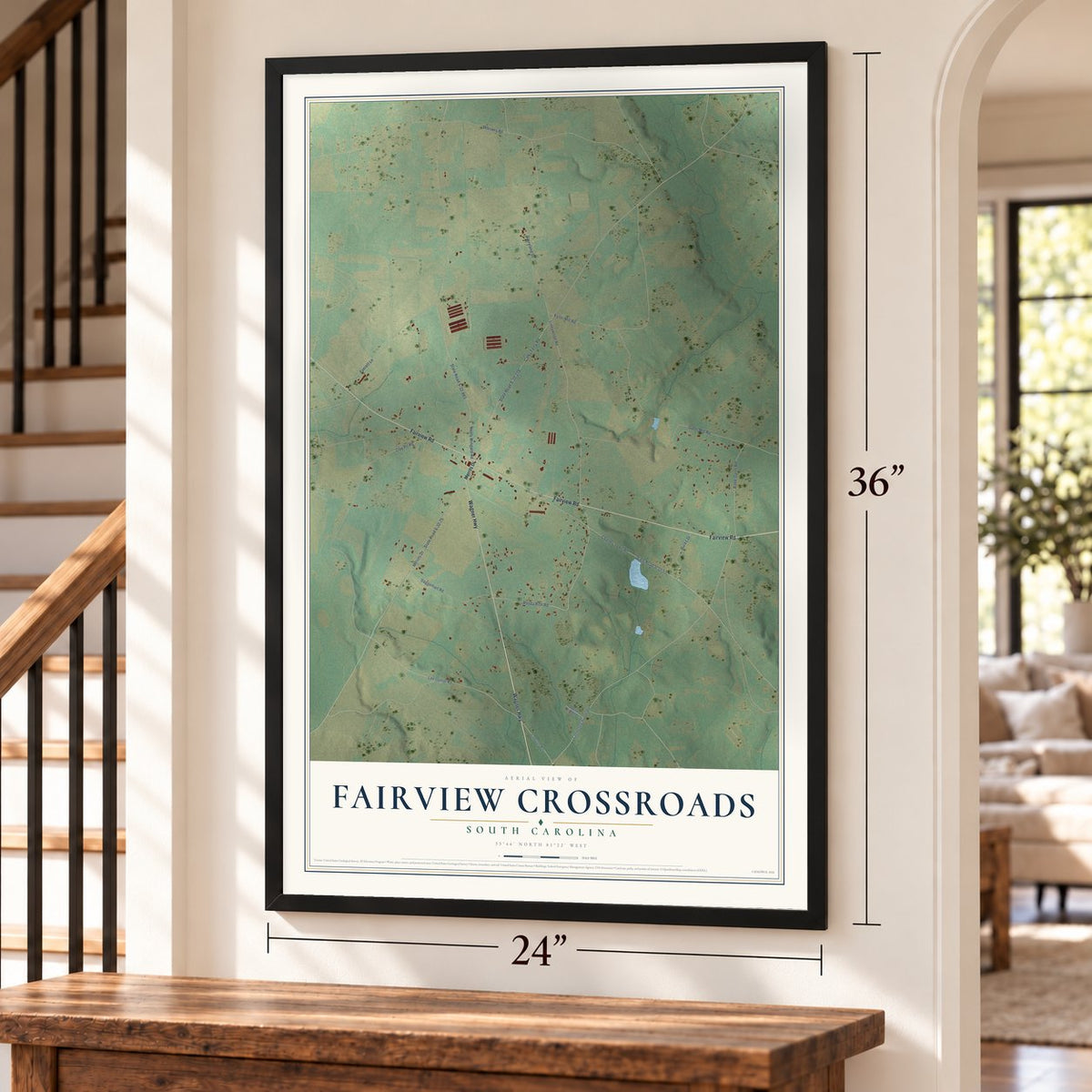 Fairview Crossroads, South Carolina map, 24 x 36 inch print in a black frame by a staircase