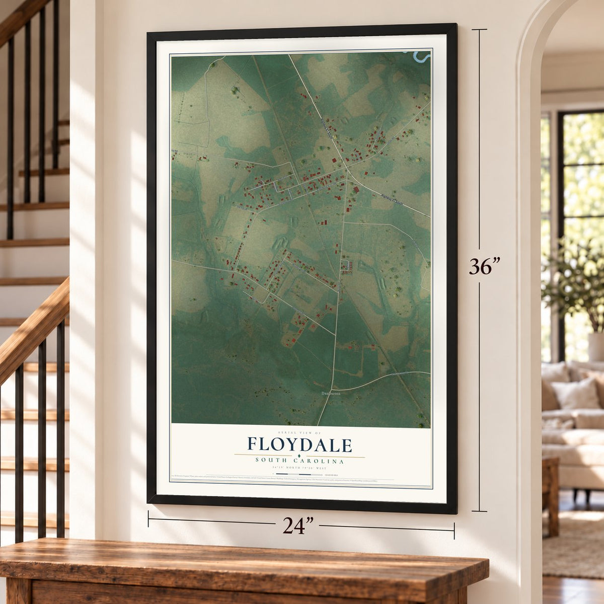 Floydale, South Carolina map, 24 x 36 inch print in a black frame by a staircase