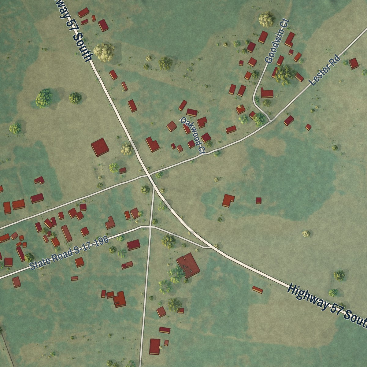 Close-up of the map of Floydale, South Carolina print showing street and building detail