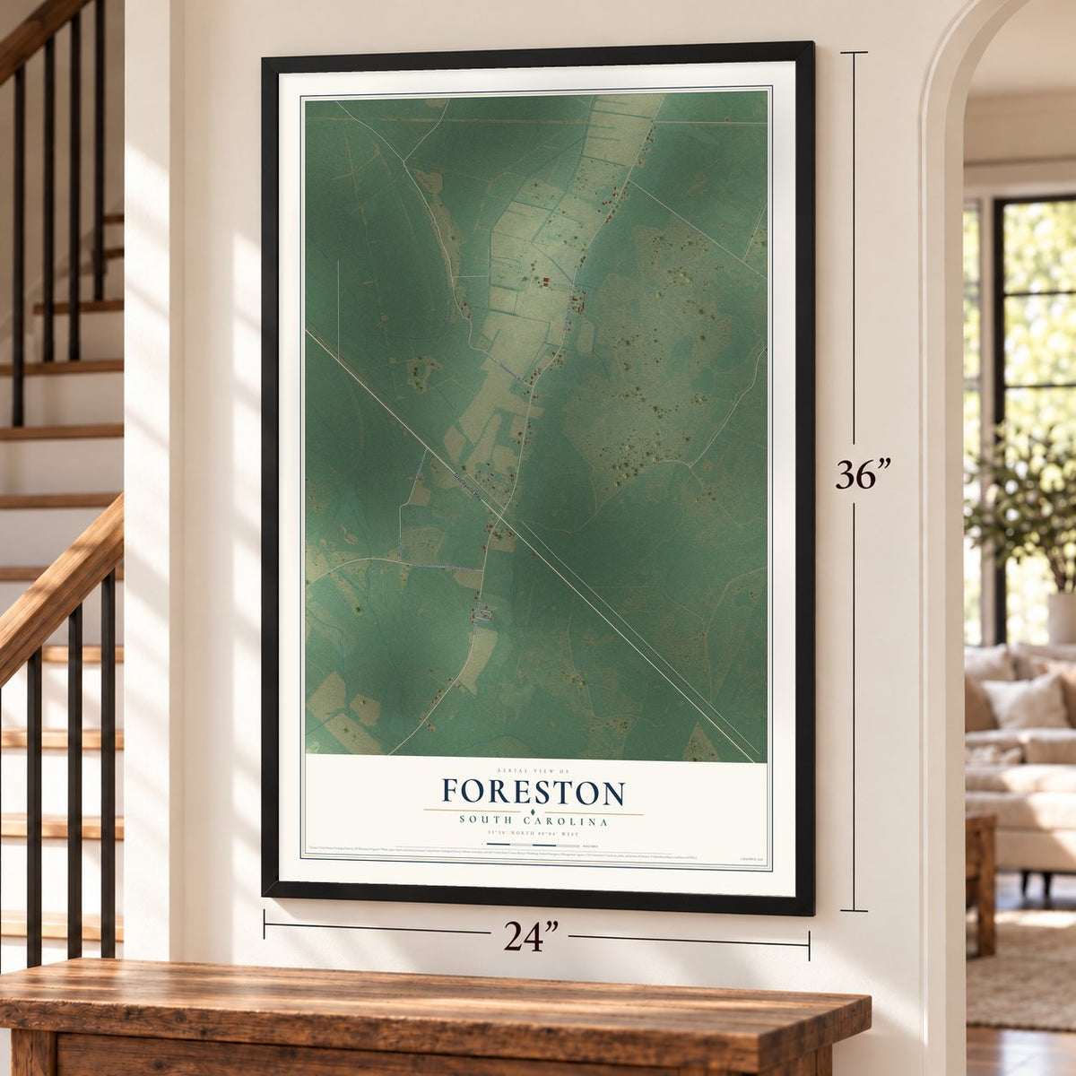 Foreston, South Carolina map, 24 x 36 inch print in a black frame by a staircase