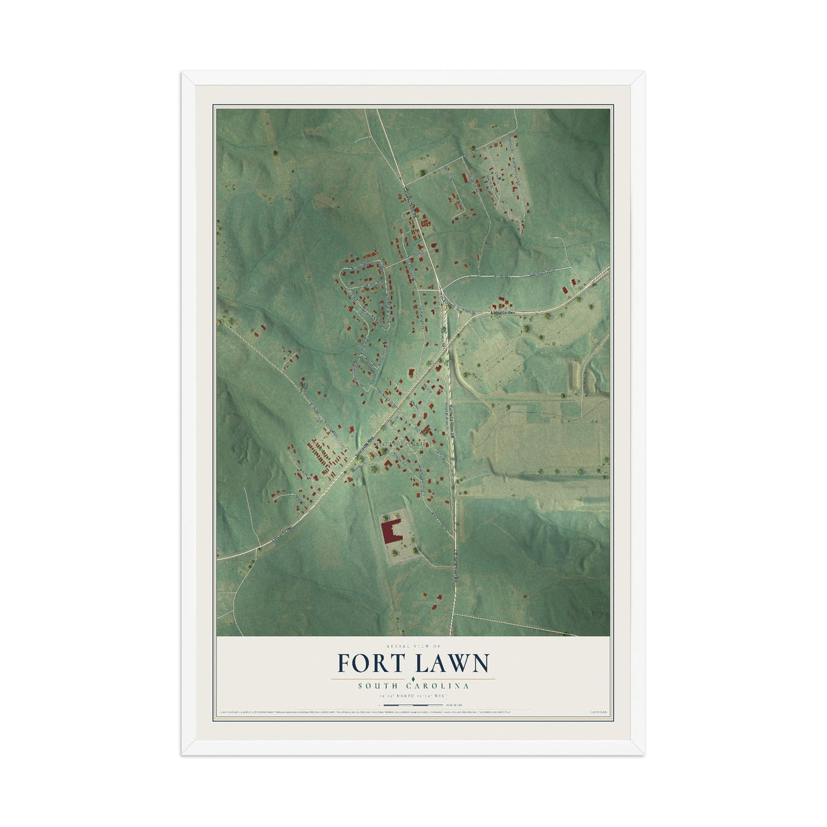 Map of Fort Lawn, South Carolina, 12 x 18 inch print in a white wood frame