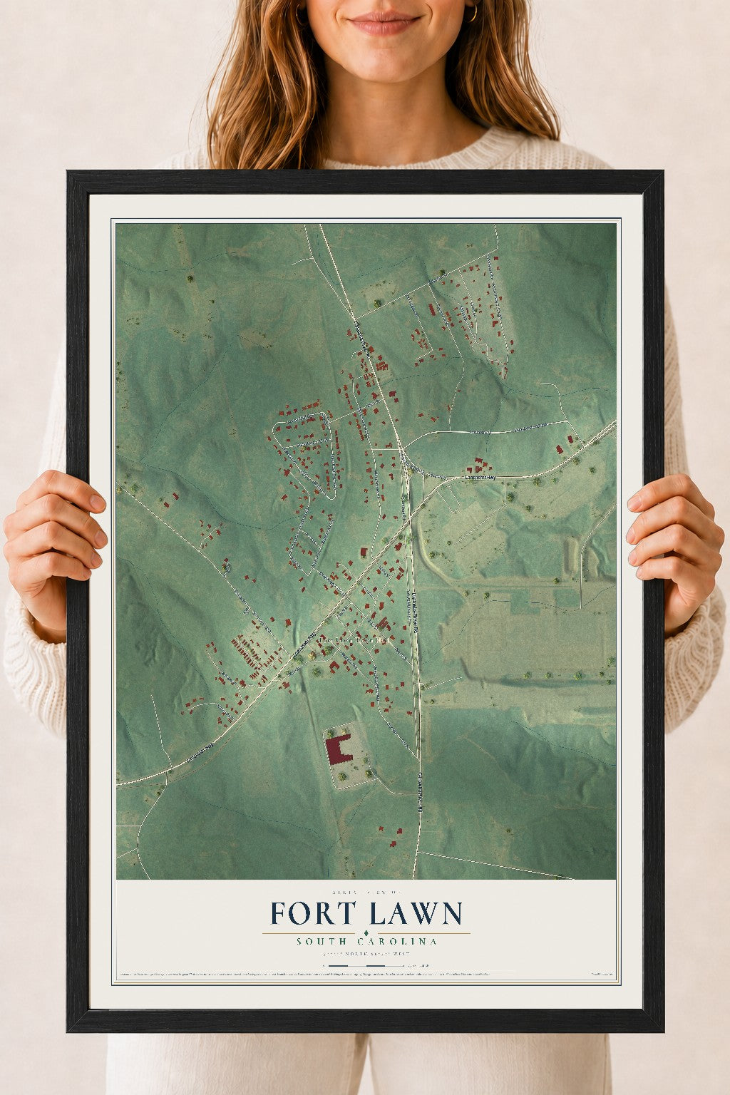 Map of Fort Lawn, South Carolina, 18 x 24 inch print in a black wood frame