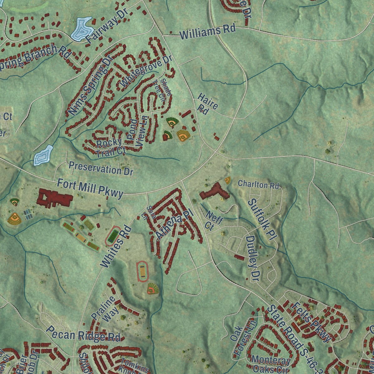 Second close-up of the map of Fort Mill, South Carolina print showing more streets and buildings