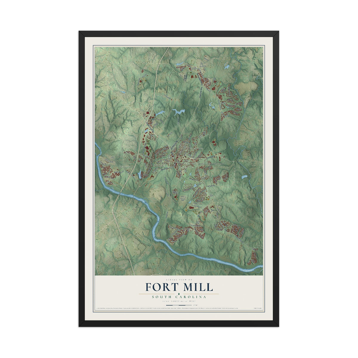 Map of Fort Mill, South Carolina, 12 x 18 inch print in a black wood frame