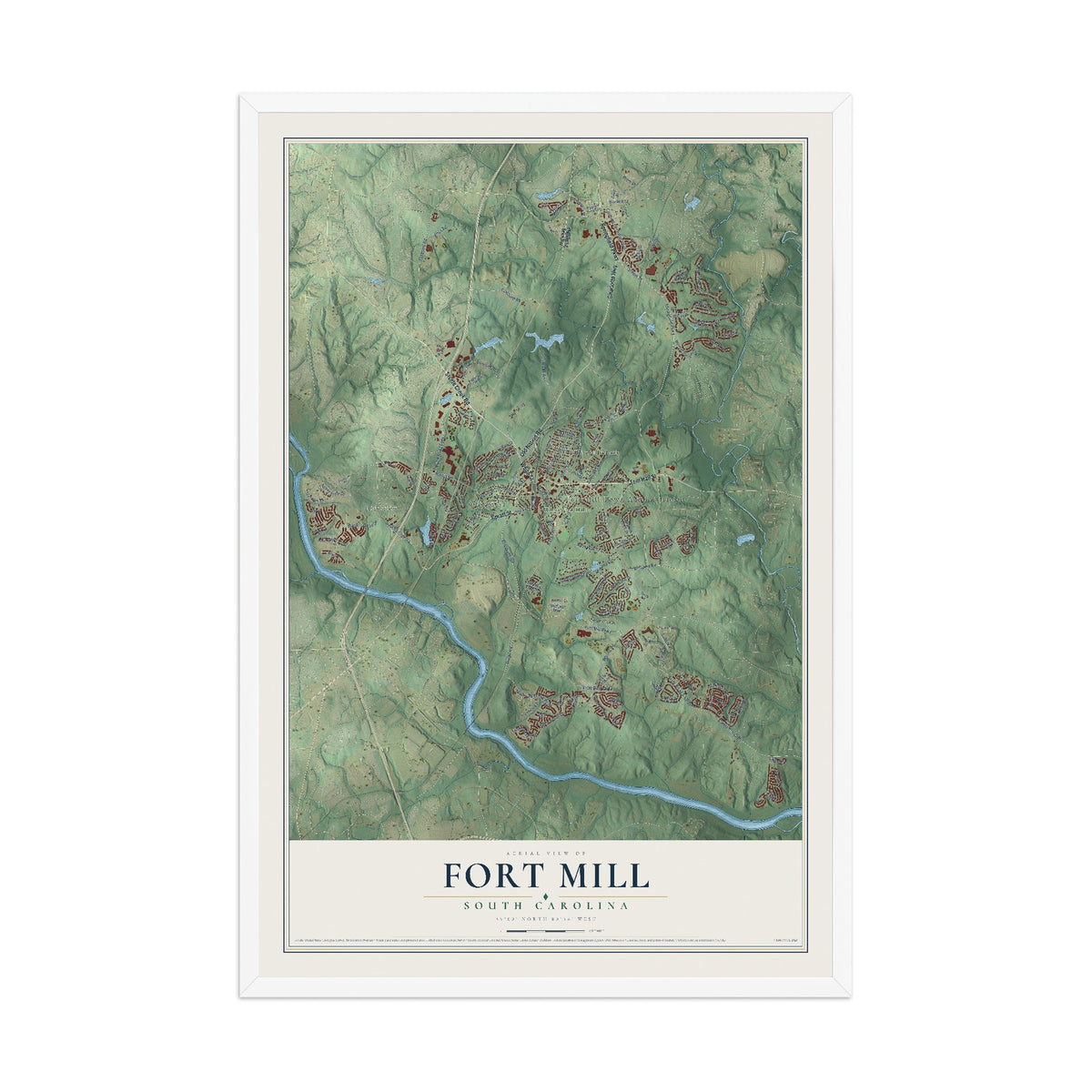 Map of Fort Mill, South Carolina, 12 x 18 inch print in a white wood frame
