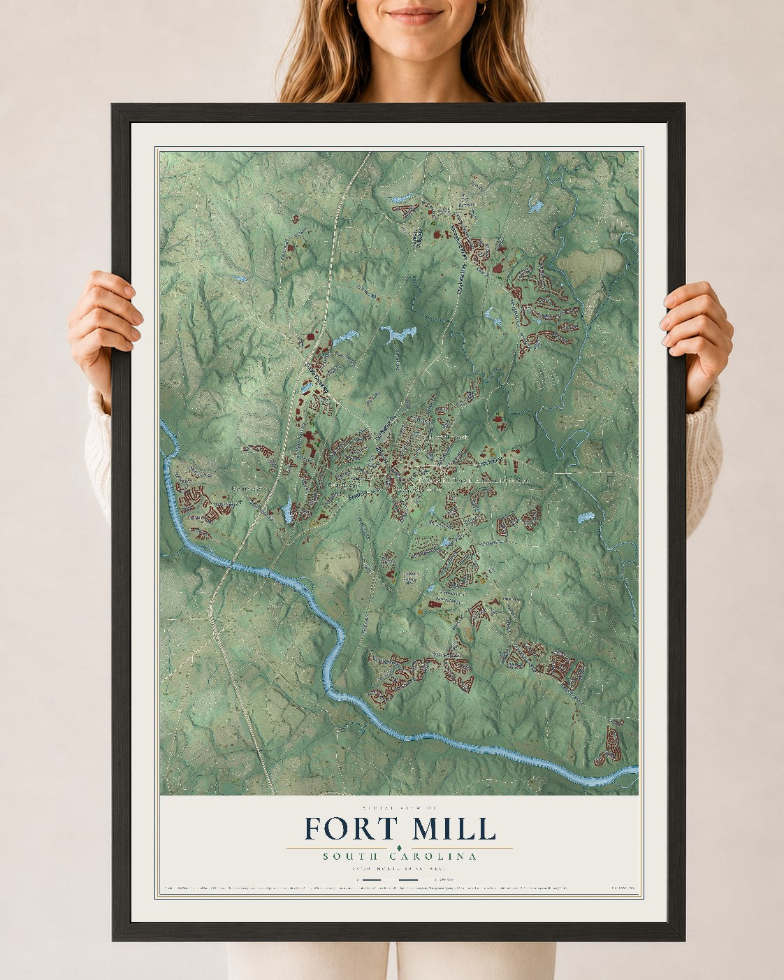 Map of Fort Mill, South Carolina, 24 x 36 inch print in a black wood frame