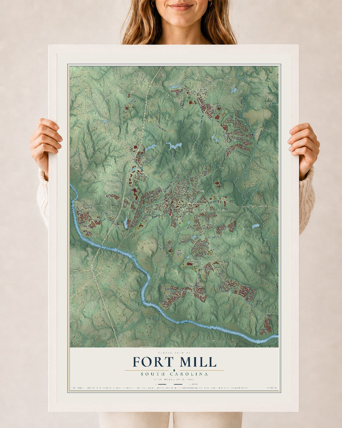 Map of Fort Mill, South Carolina, 24 x 36 inch print in a white wood frame