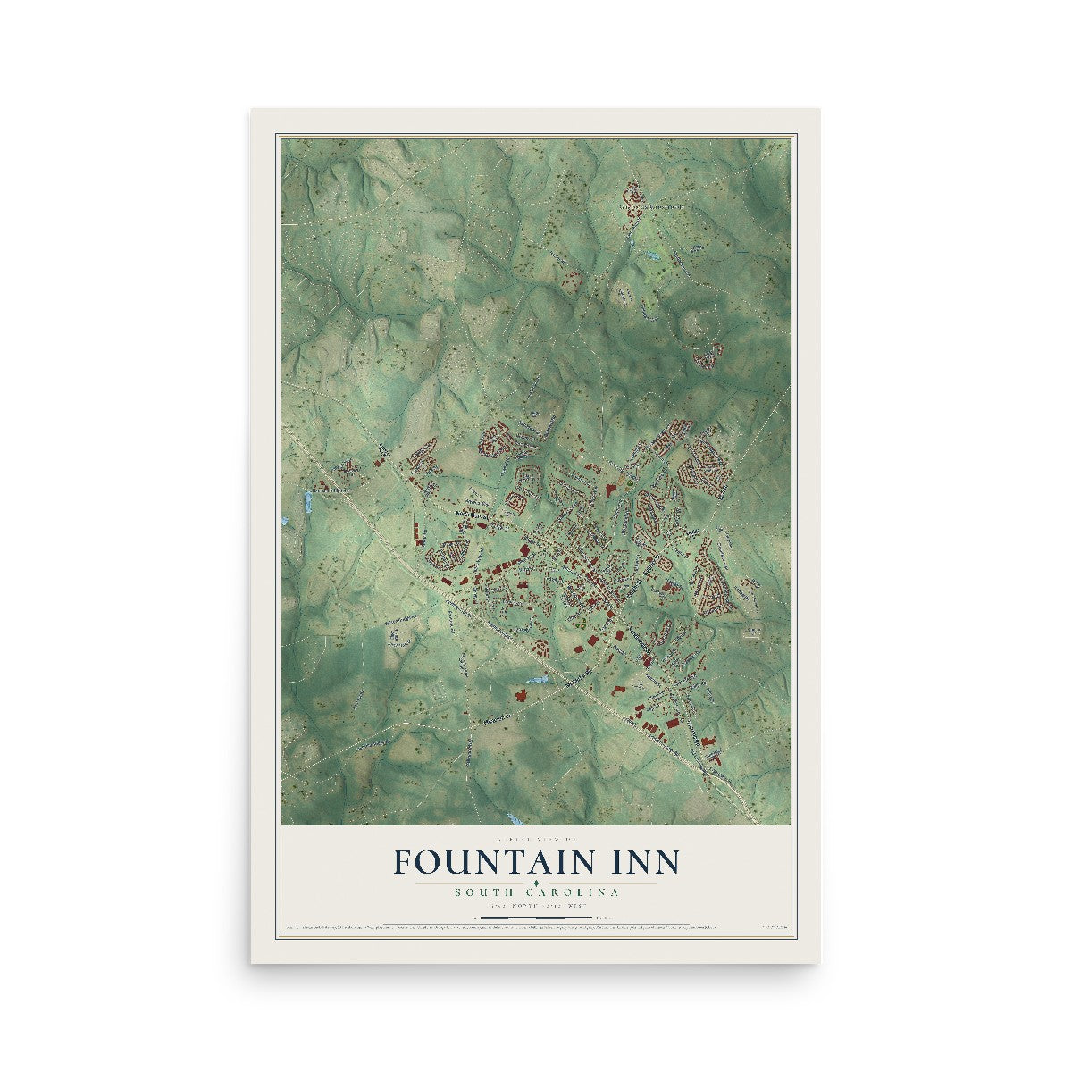 Map of Fountain Inn, South Carolina, 12 x 18 inch unframed archival matte print