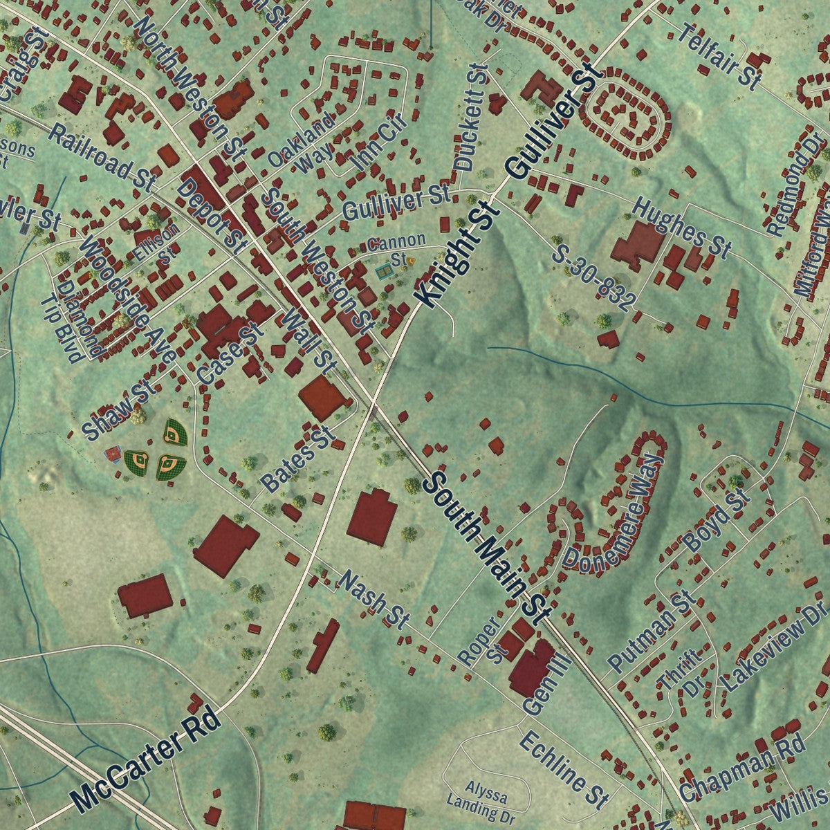 Close-up of the map of Fountain Inn, South Carolina print showing street and building detail