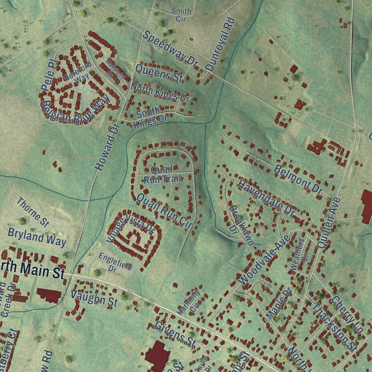 Second close-up of the map of Fountain Inn, South Carolina print showing more streets and buildings