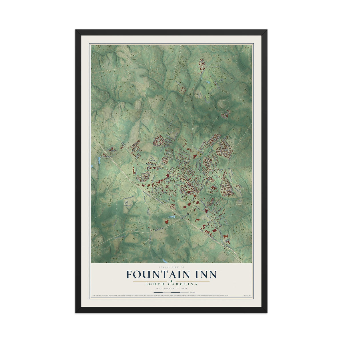 Map of Fountain Inn, South Carolina, 12 x 18 inch print in a black wood frame