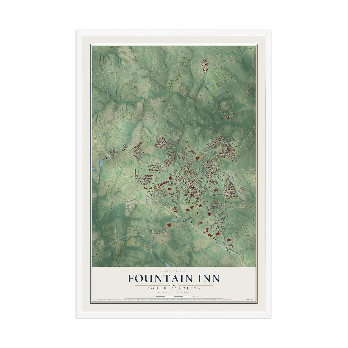 Map of Fountain Inn, South Carolina, 12 x 18 inch print in a white wood frame