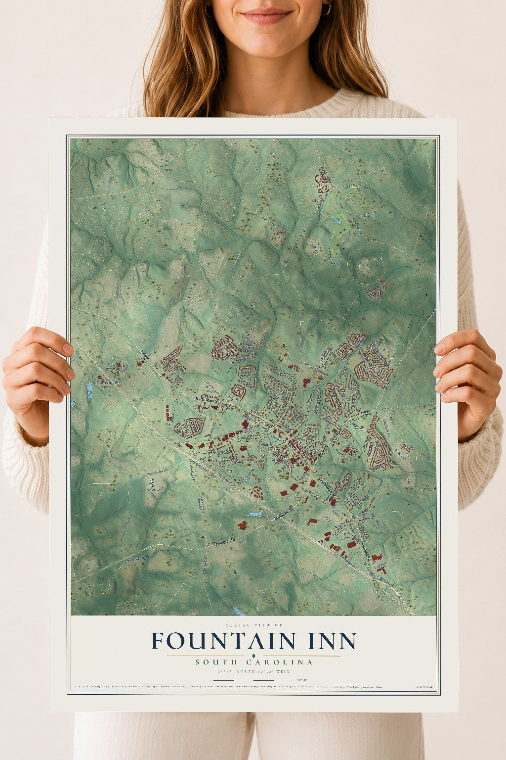 Map of Fountain Inn, South Carolina, 18 x 24 inch unframed archival matte print