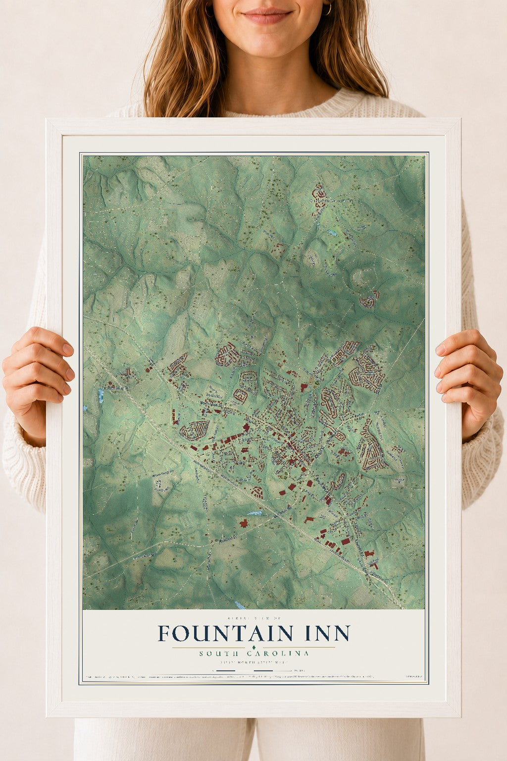 Map of Fountain Inn, South Carolina, 18 x 24 inch print in a white wood frame