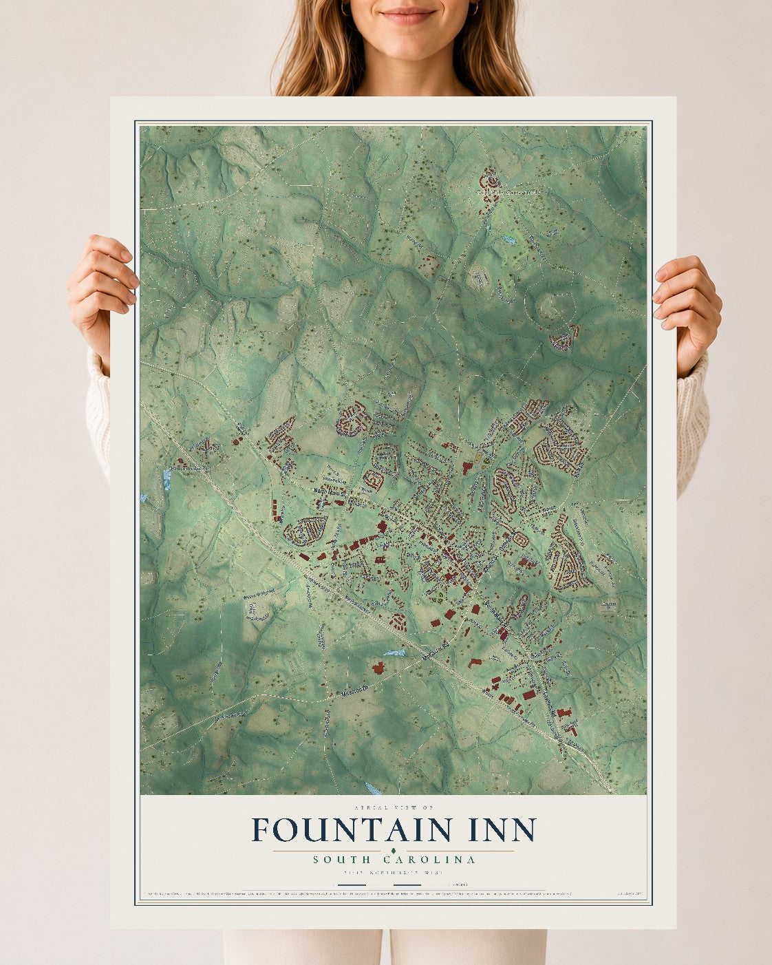 Map of Fountain Inn, South Carolina, 24 x 36 inch unframed archival matte print