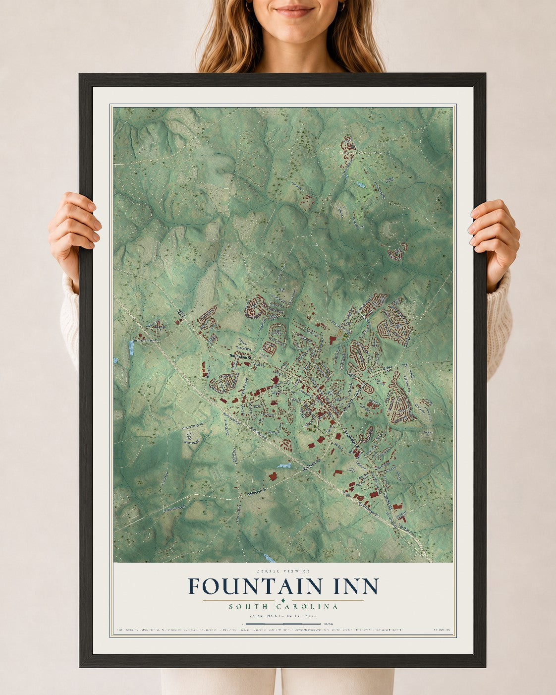 Map of Fountain Inn, South Carolina, 24 x 36 inch print in a black wood frame