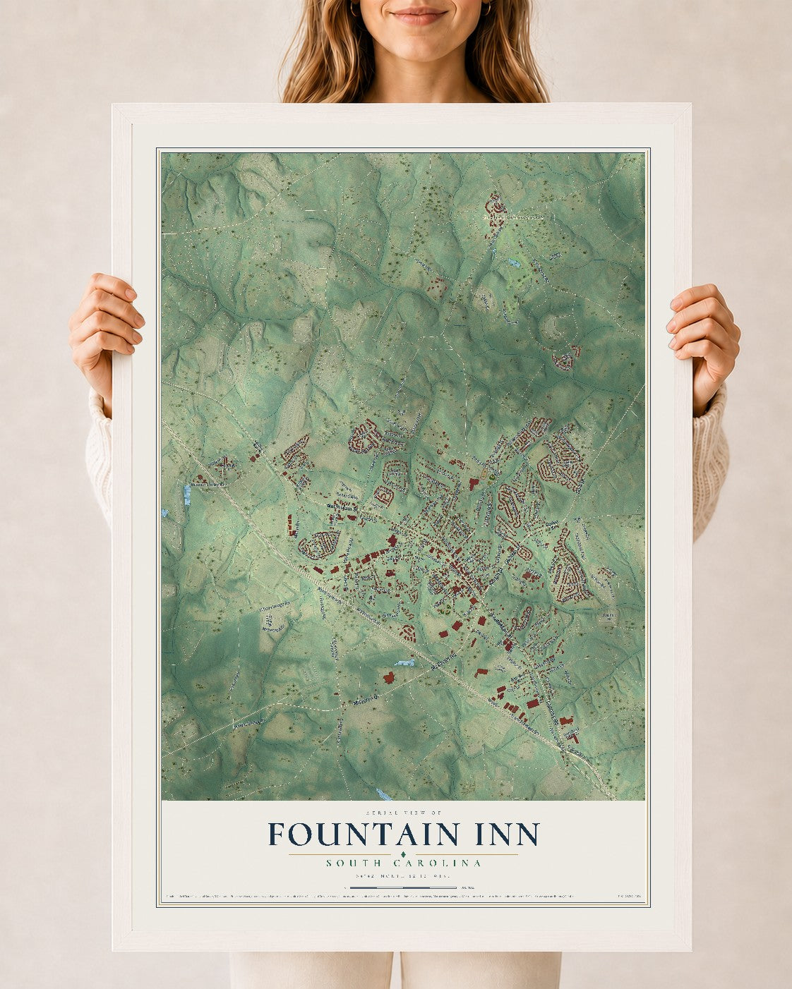Map of Fountain Inn, South Carolina, 24 x 36 inch print in a white wood frame