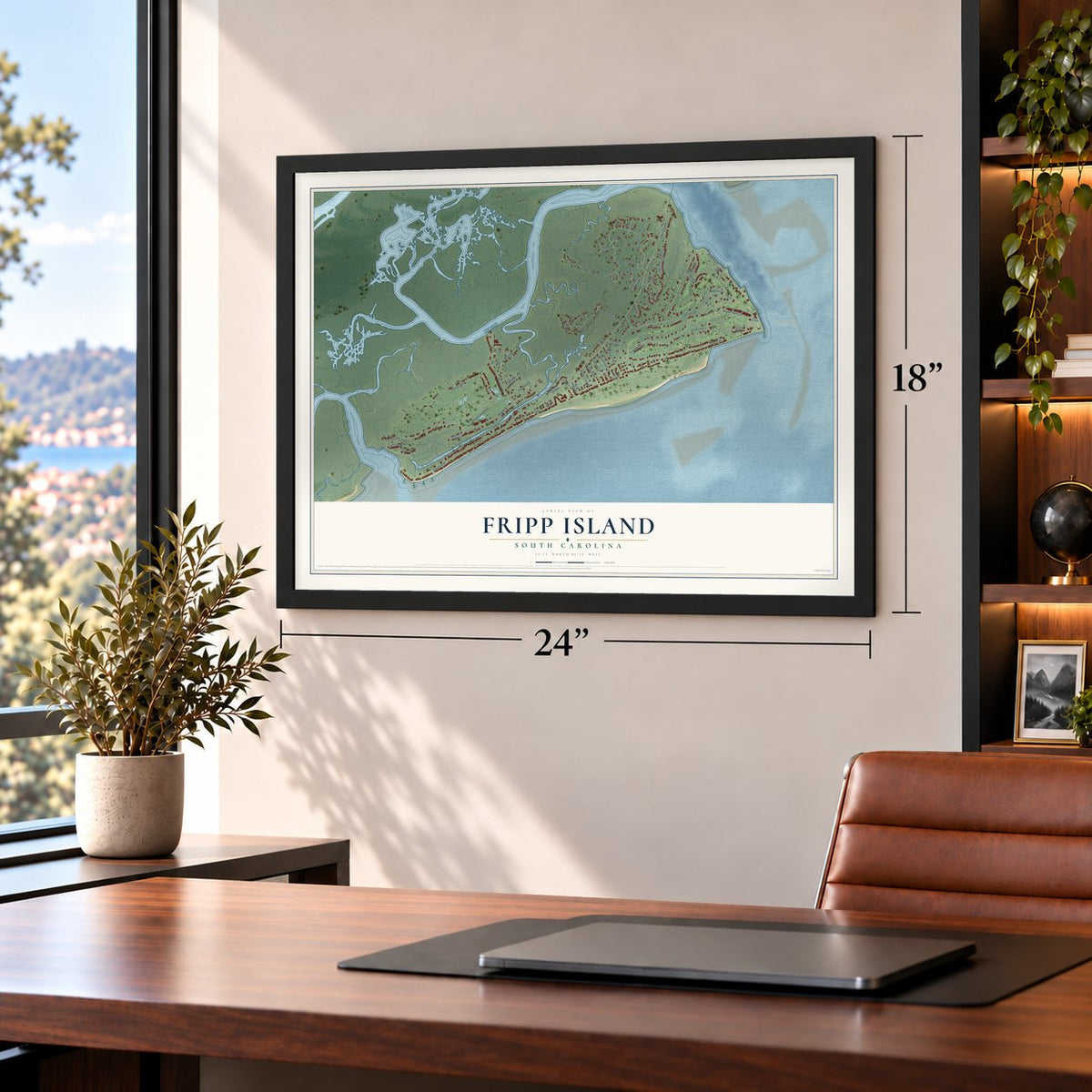 Fripp Island, South Carolina map, 18 x 24 inch print in a black frame in a home office