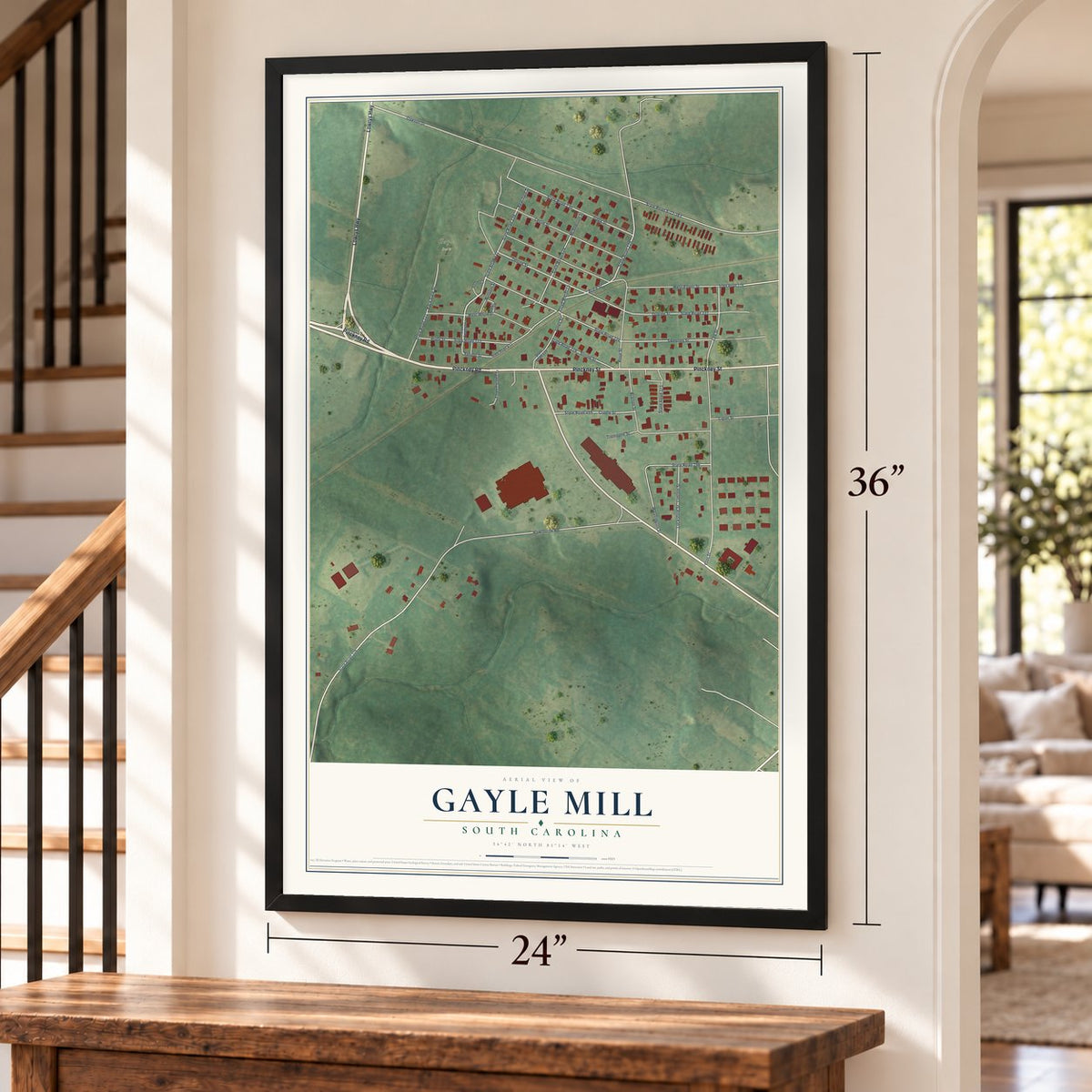 Gayle Mill, South Carolina map, 24 x 36 inch print in a black frame by a staircase
