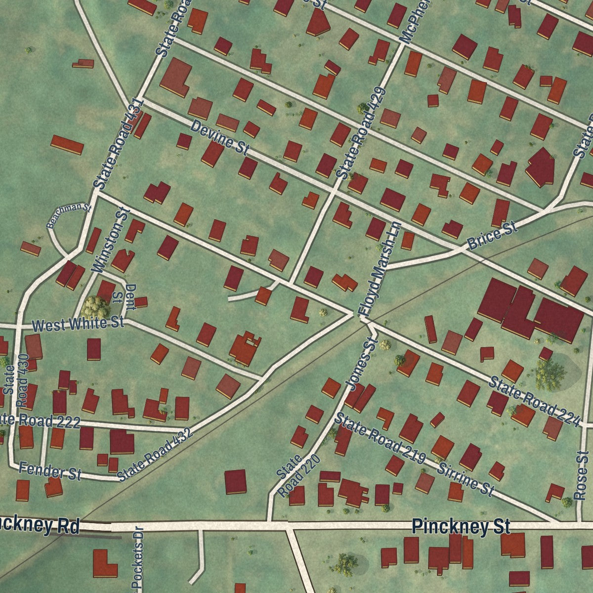 Close-up of the map of Gayle Mill, South Carolina print showing street and building detail