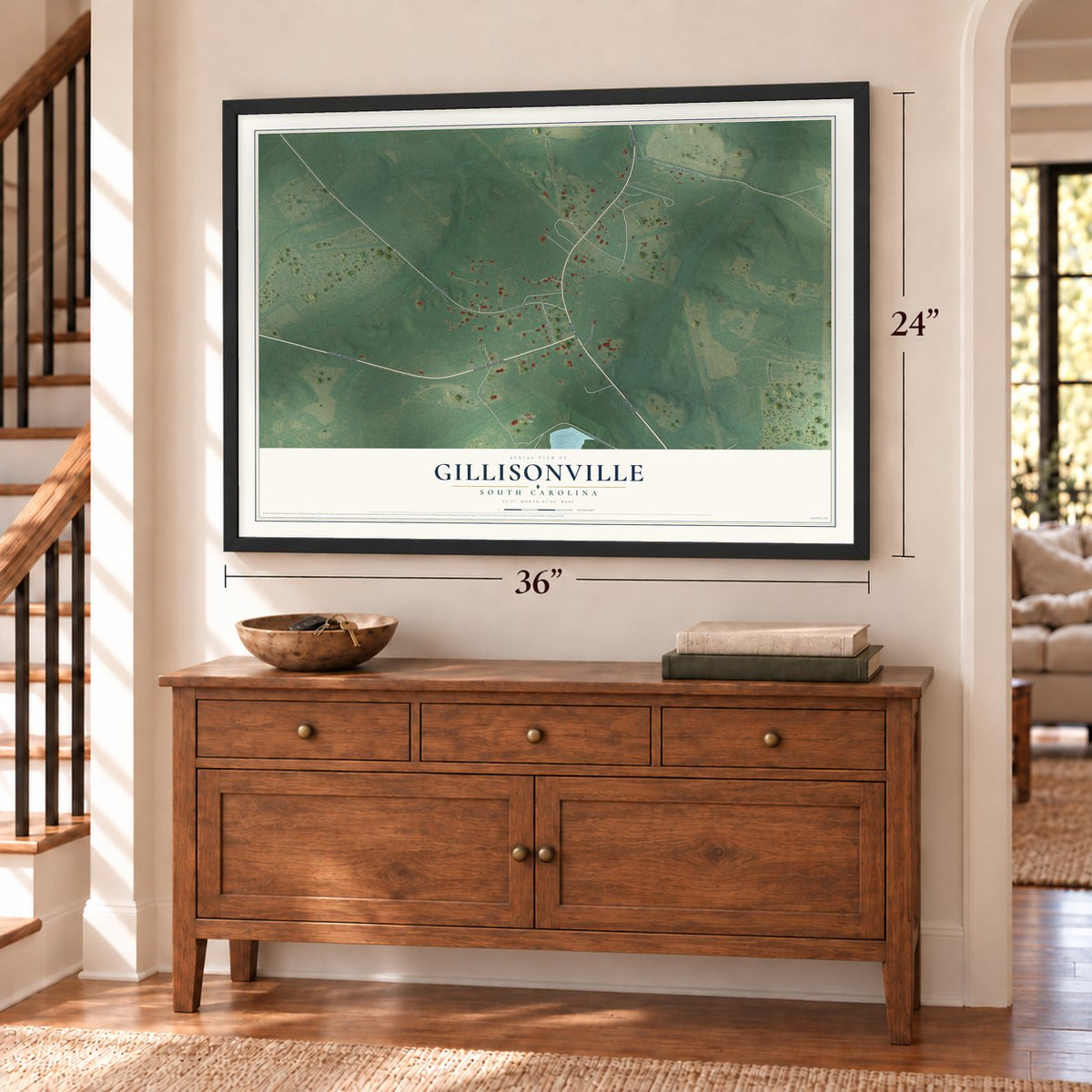 Gillisonville, South Carolina map, 24 x 36 inch print in a black frame above a dresser by a staircase