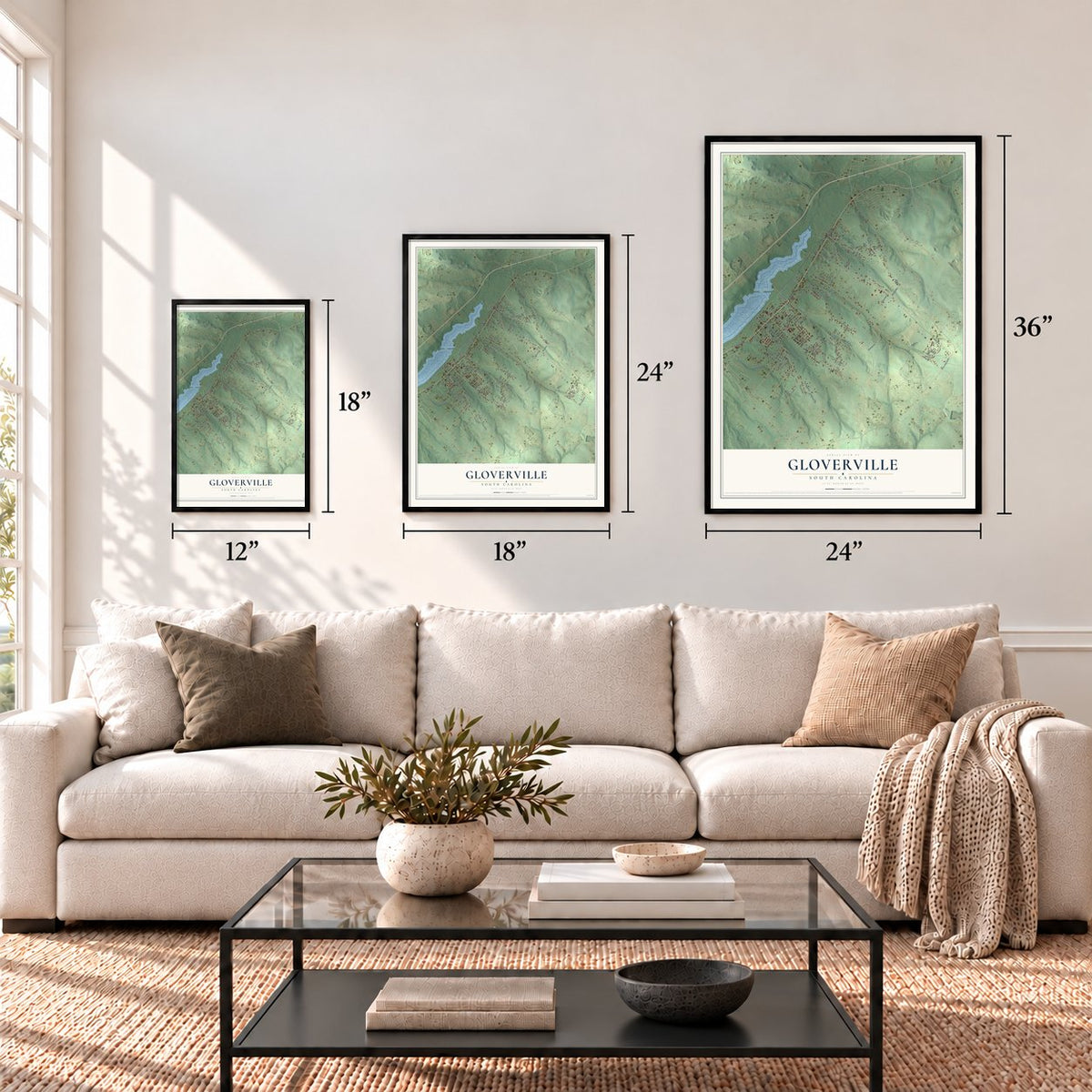 Gloverville, South Carolina map in 12 x 18, 18 x 24 and 24 x 36 inch sizes above a sofa