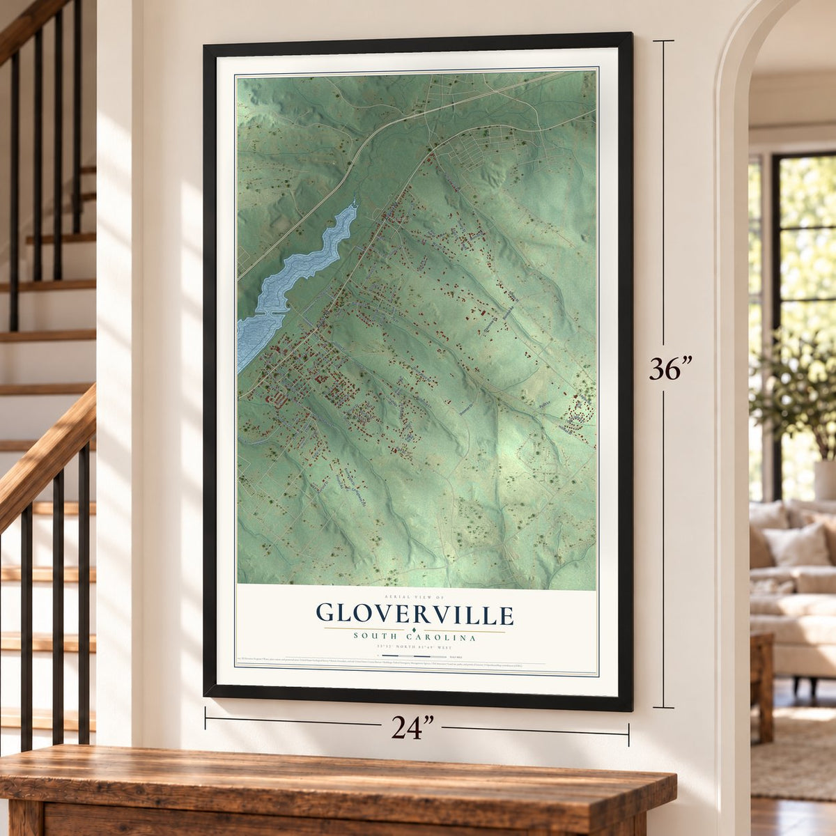 Gloverville, South Carolina map, 24 x 36 inch print in a black frame by a staircase