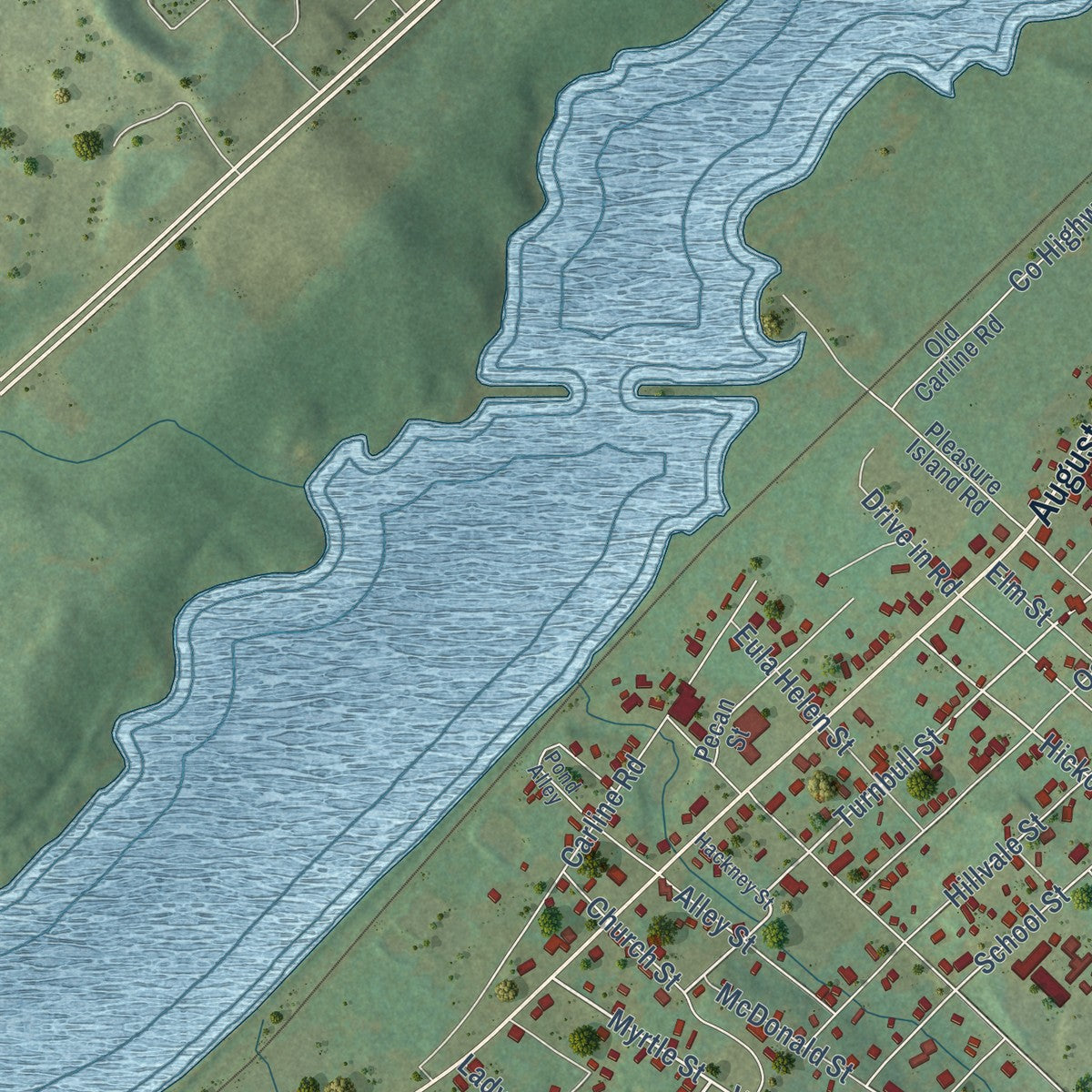 Close-up of the map of Gloverville, South Carolina print showing street and building detail