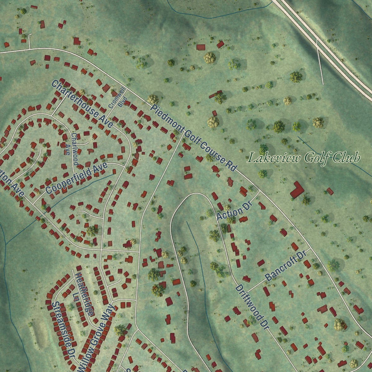 Close-up of the map of Golden Grove, South Carolina print showing street and building detail