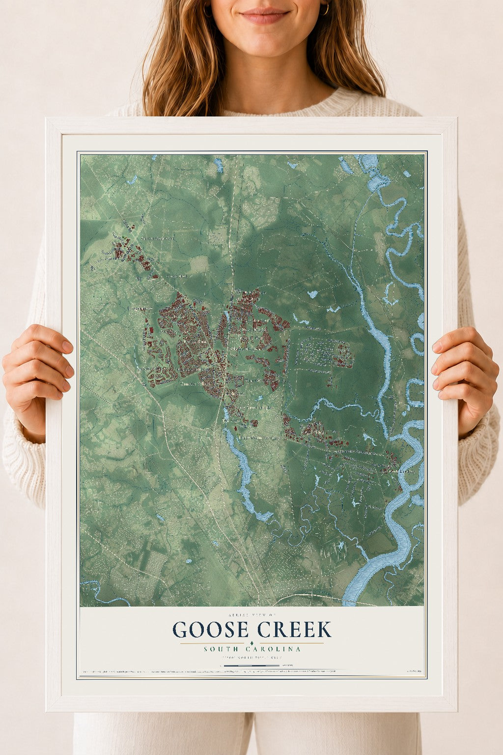Map of Goose Creek, South Carolina, 18 x 24 inch print in a white wood frame