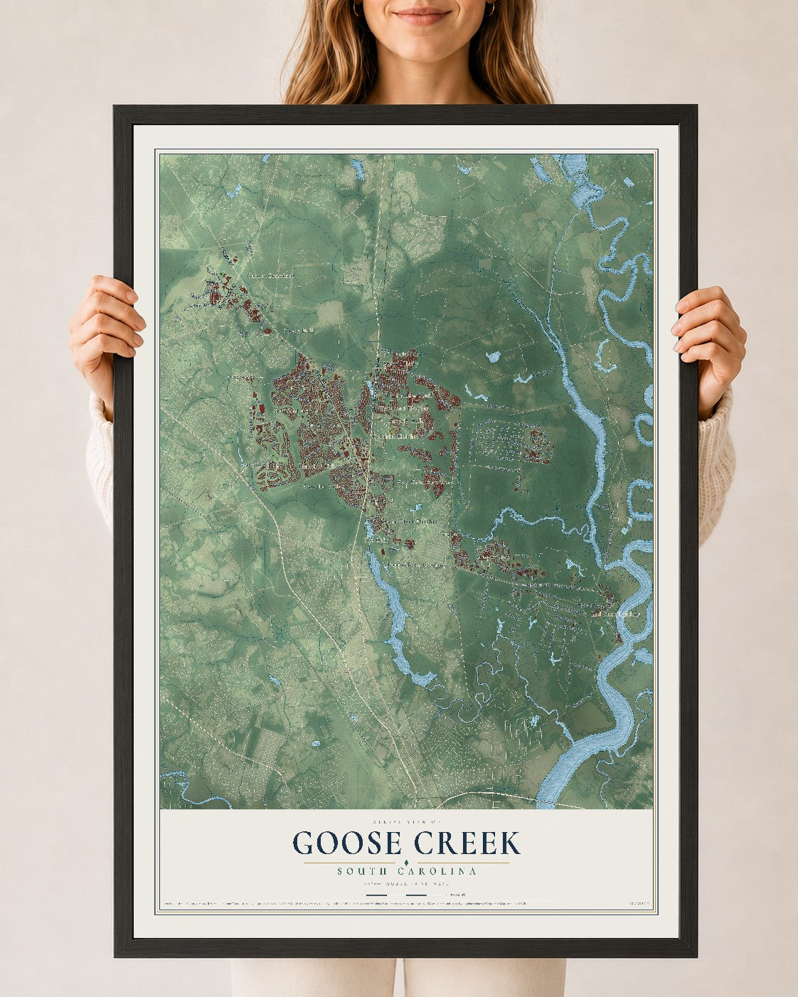 Map of Goose Creek, South Carolina, 24 x 36 inch print in a black wood frame