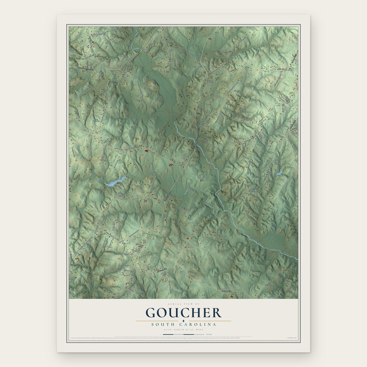 Goucher, South Carolina map print, the full design