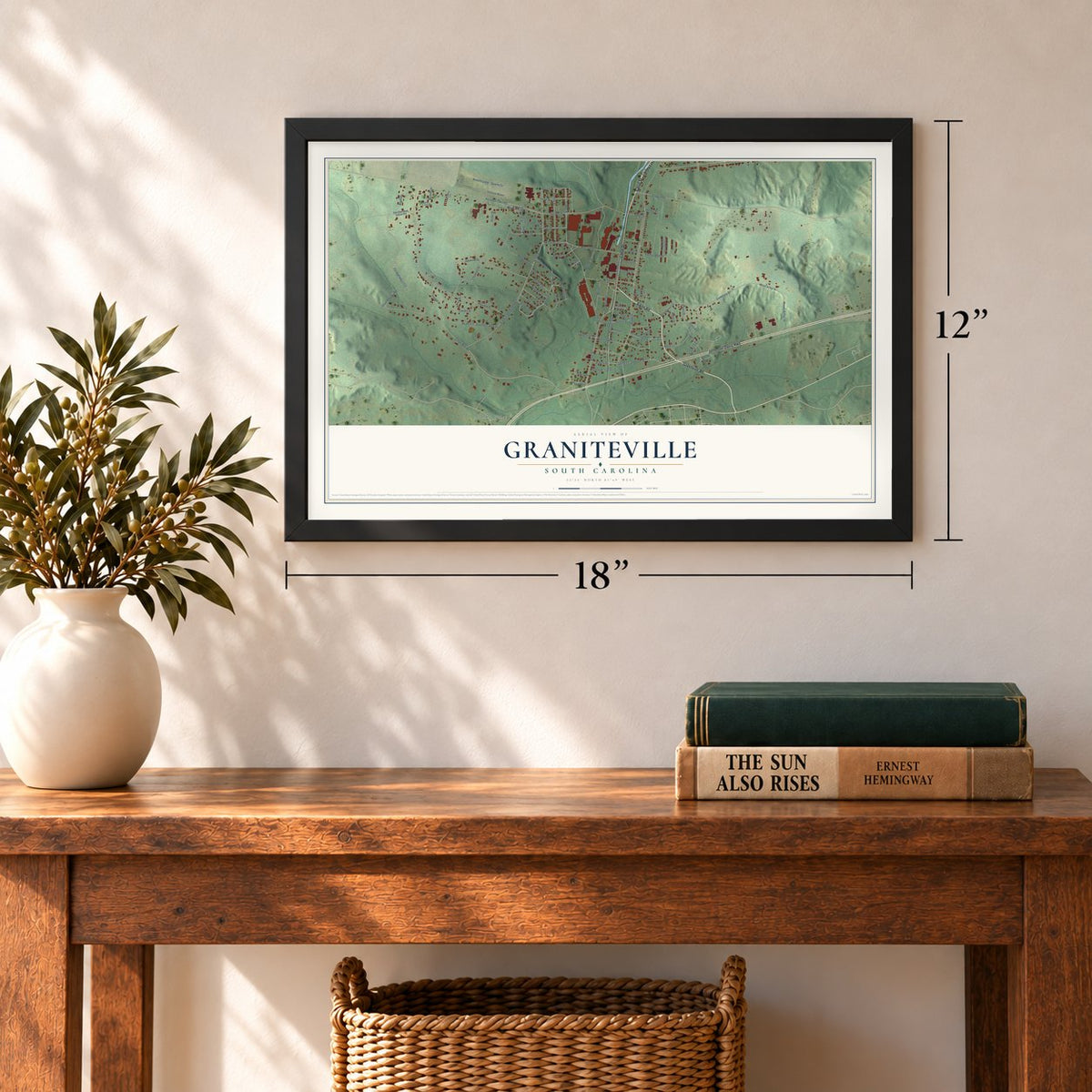 Graniteville, South Carolina map, 12 x 18 inch print in a black frame in an entryway