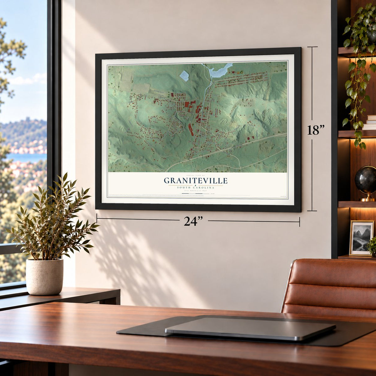 Graniteville, South Carolina map, 18 x 24 inch print in a black frame in a home office