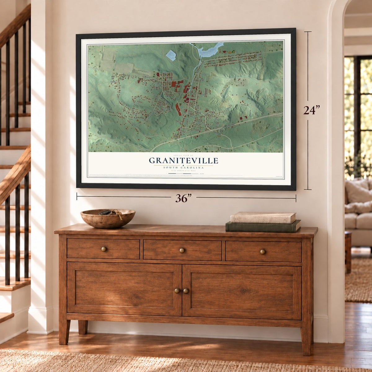 Graniteville, South Carolina map, 24 x 36 inch print in a black frame above a dresser by a staircase