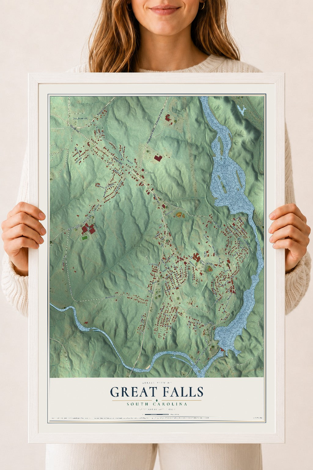 Map of Great Falls, South Carolina, 18 x 24 inch print in a white wood frame