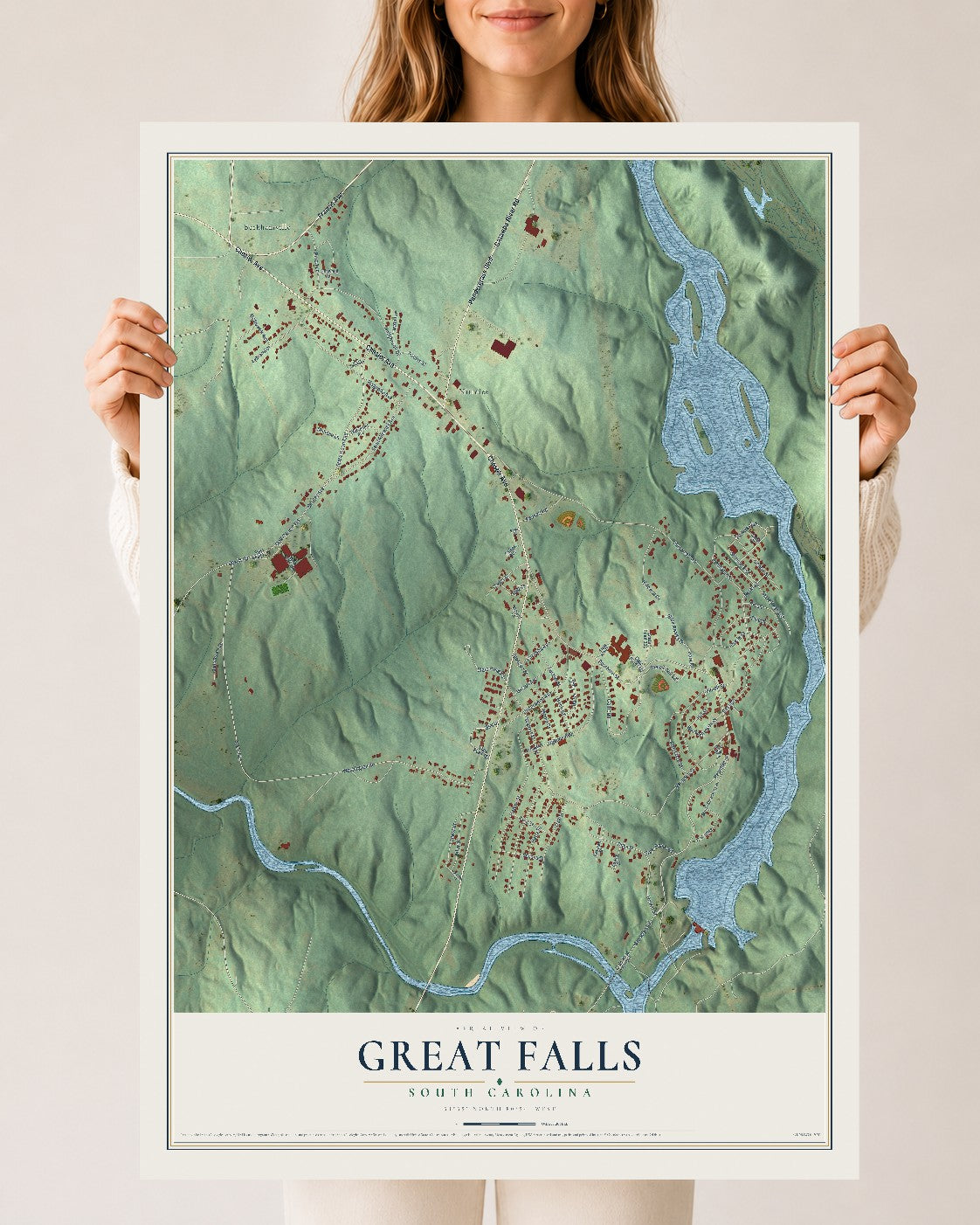 Map of Great Falls, South Carolina, 24 x 36 inch unframed archival matte print