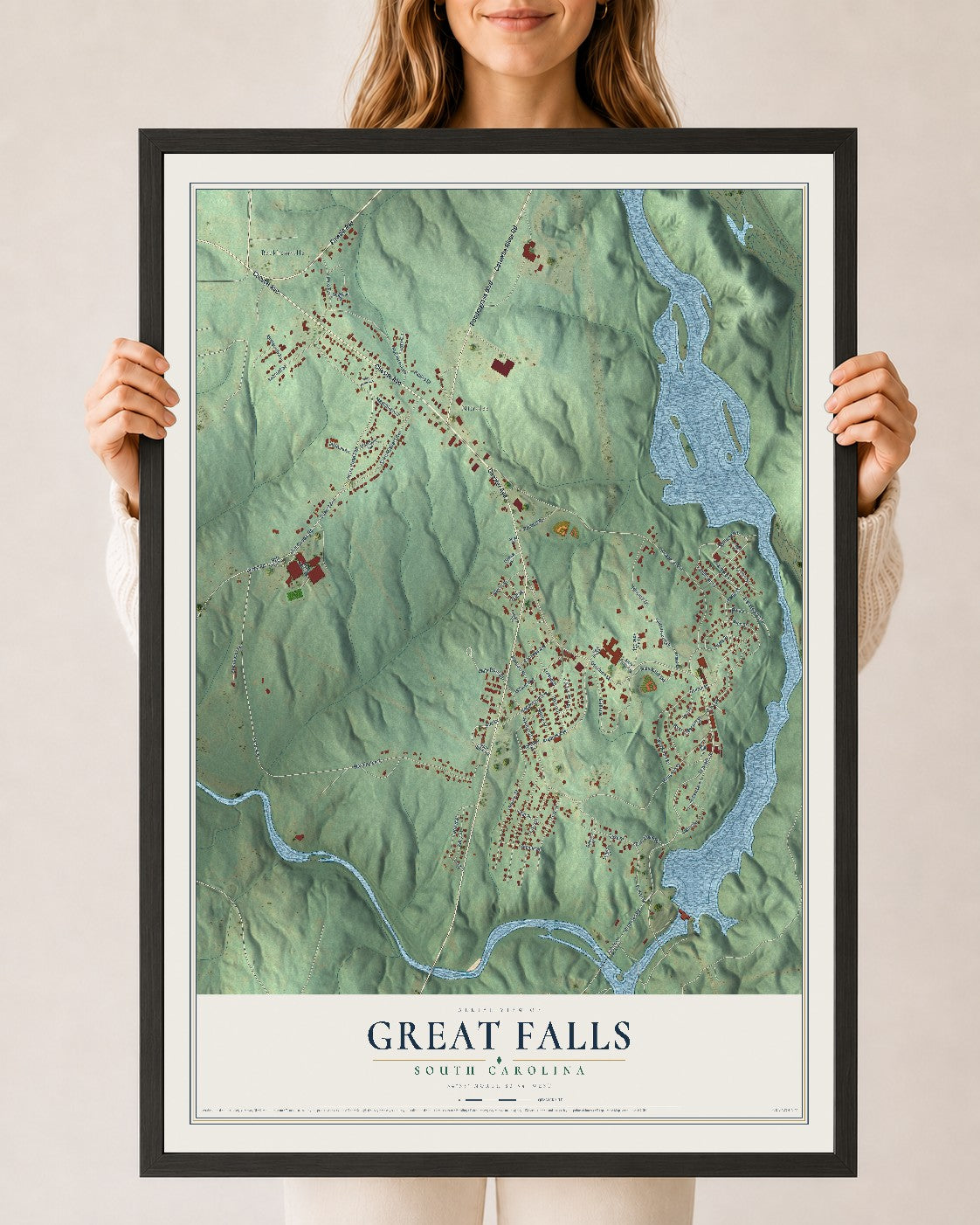 Map of Great Falls, South Carolina, 24 x 36 inch print in a black wood frame