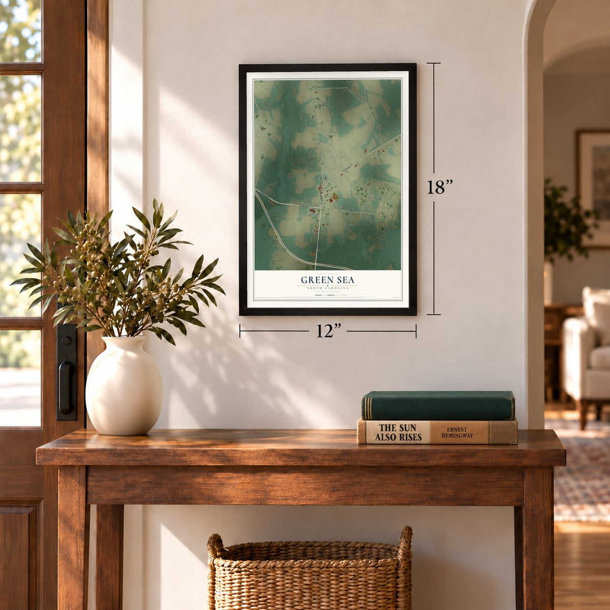 Green Sea, South Carolina map, 12 x 18 inch print in a black frame in an entryway