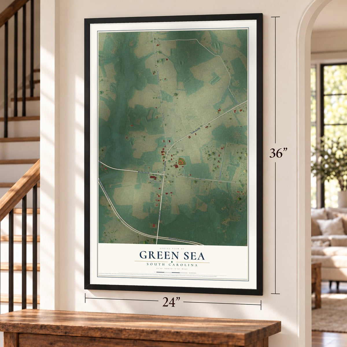 Green Sea, South Carolina map, 24 x 36 inch print in a black frame by a staircase