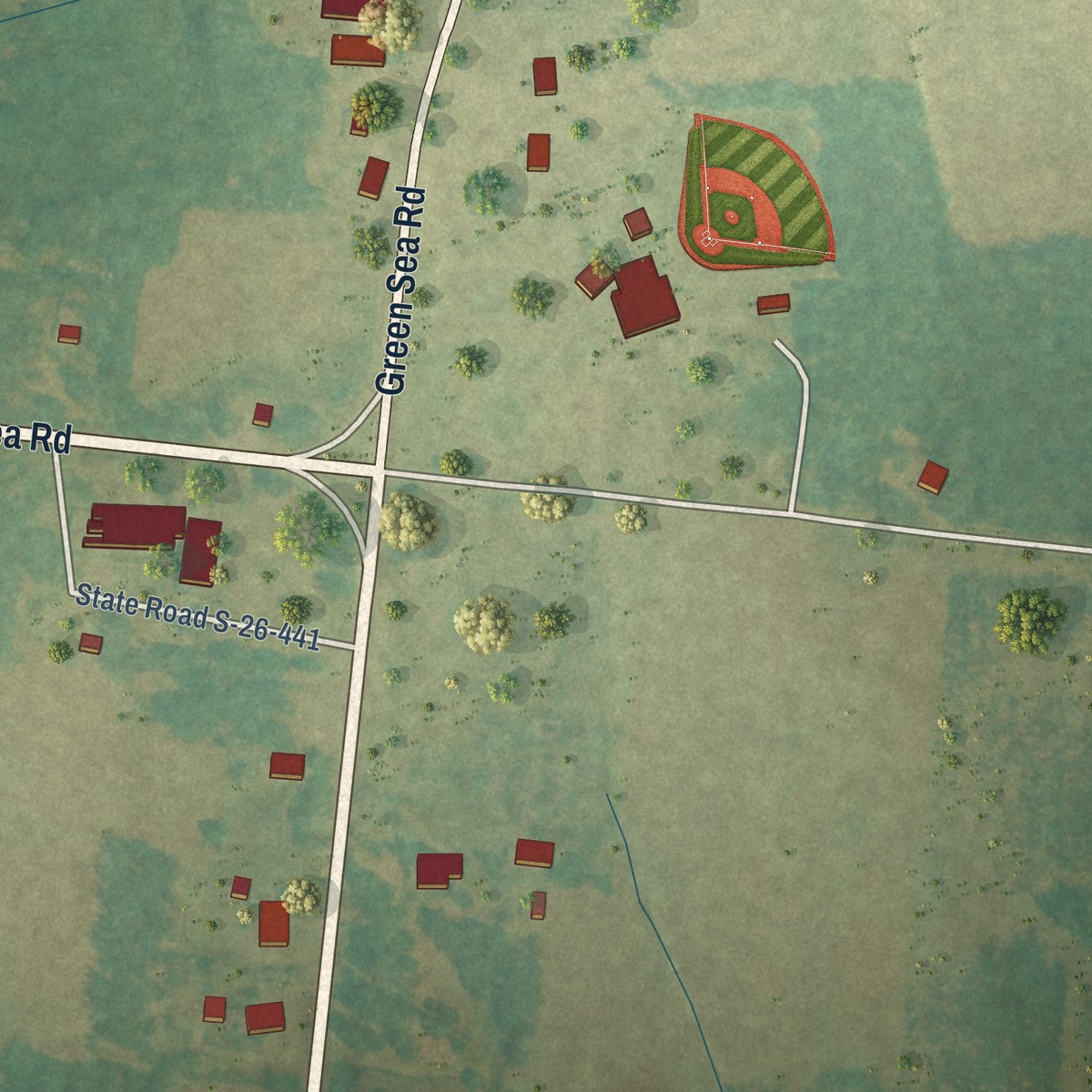 Close-up of the map of Green Sea, South Carolina print showing street and building detail