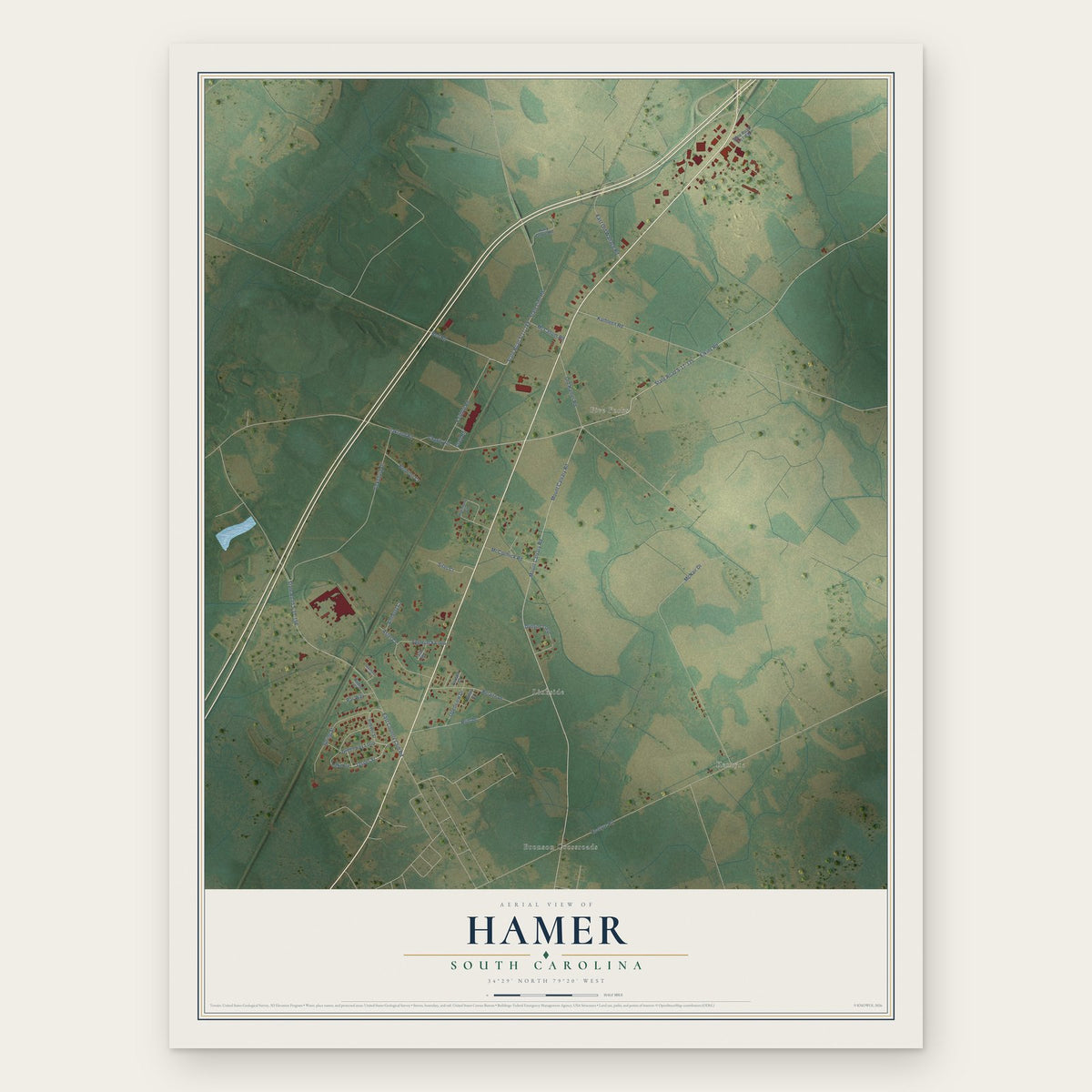 Hamer, South Carolina map print, the full design