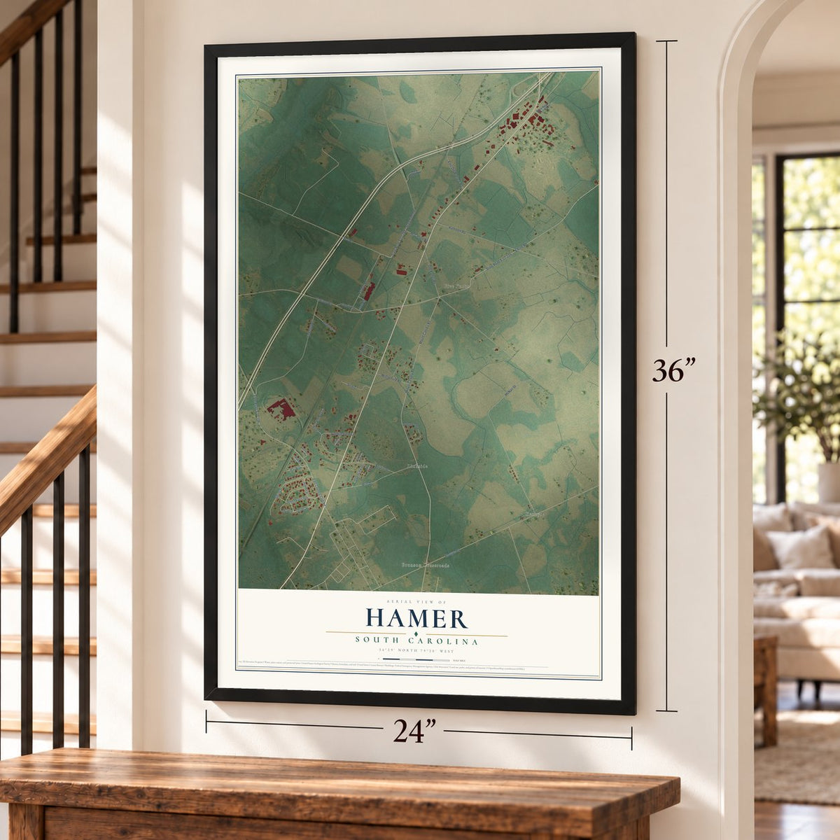 Hamer, South Carolina map, 24 x 36 inch print in a black frame by a staircase